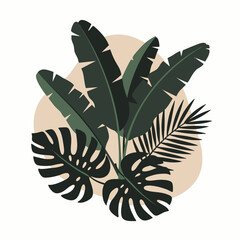 A stylish minimalist illustration showcasing a vibrant collection of tropical foliage including monstera and banana leaves with abstract organic shapes.