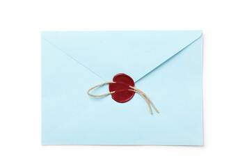 Envelope with wax seal and twine isolated on white, top view