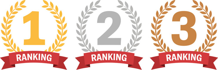 Gold, silver, bronze ranking award badges with numbers, laurel wreaths, and 'RANKING' banners, signifying top achievement and competitive success.