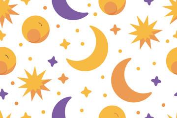 Seamless celestial pattern with stars moons and cosmic elements