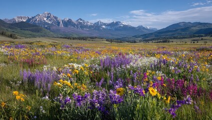 A vibrant meadow bursting with wildflowers, stretching towards a majestic mountain range under a clear blue sky