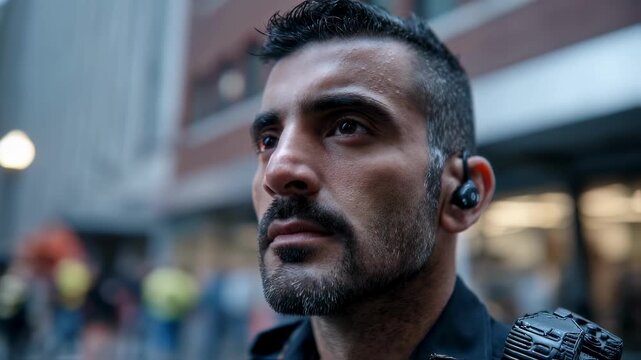 Patrol officer in medium shot wearing a modern translation earpiece that is clearly in focus capturing realtime dialect detection while the surrounding street scene remains softly