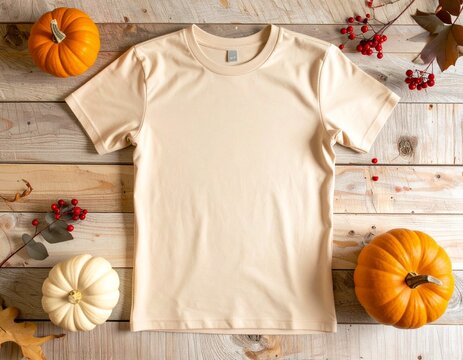 Plain beige mock up t-shirt on an autumn fall wooden background with pumpkins