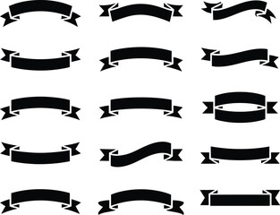 A comprehensive collection of 15 classic black ribbon banner designs, ideal for decorative text, elegant labels, certificate headers, and sophisticated graphic design projects.