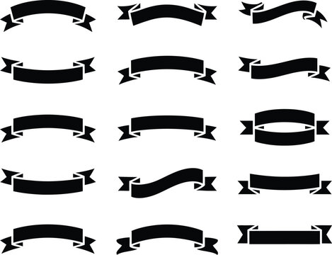 A comprehensive collection of 15 classic black ribbon banner designs, ideal for decorative text, elegant labels, certificate headers, and sophisticated graphic design projects.