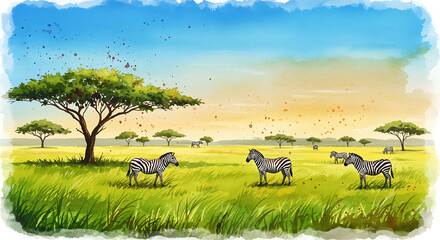 Stunning watercolor painting of zebras grazing serenely in a vibrant African savanna landscape at sunset