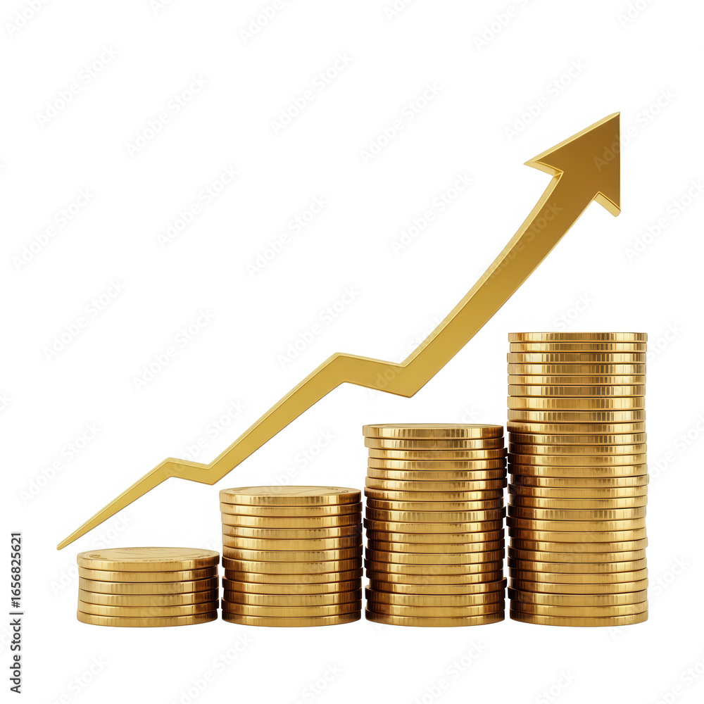 Poster golden arrow graph showing financial growth with stacked coins isolated on transparent background