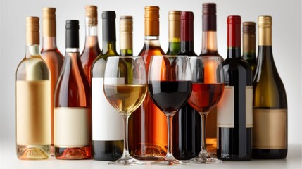 Bottles of various types of alcoholic beverages arranged elegantly on a neutral backdrop for an inviting display