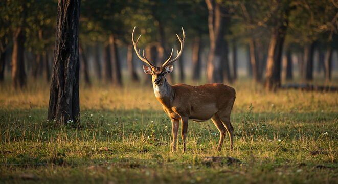 A majestic Barasingha deer stands alert in a grassy clearing, surrounded by a dense forest with tall trees bathed in golden sunlight.