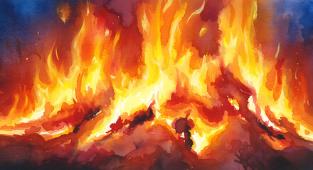 Intense watercolor bonfire illustration with vibrant flames and warm colors, perfect for cozy winter designs