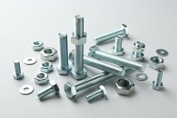 Metal bolts and nuts on white background, closeup. Hardware tool