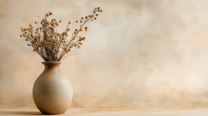 still life of a vase and a dried flower on a table