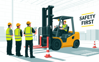 Warehouse Safety Illustration: Forklift Operation and Safety Inspection for Workers, with 'Safety First' Emphasis in Transportation and Logistics Environments for Accident Prevention.