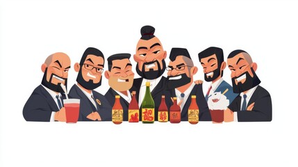 Obraz premium A lively group of stylish men enjoying drinks together, embodying camaraderie and celebration in a fun cartoon style.