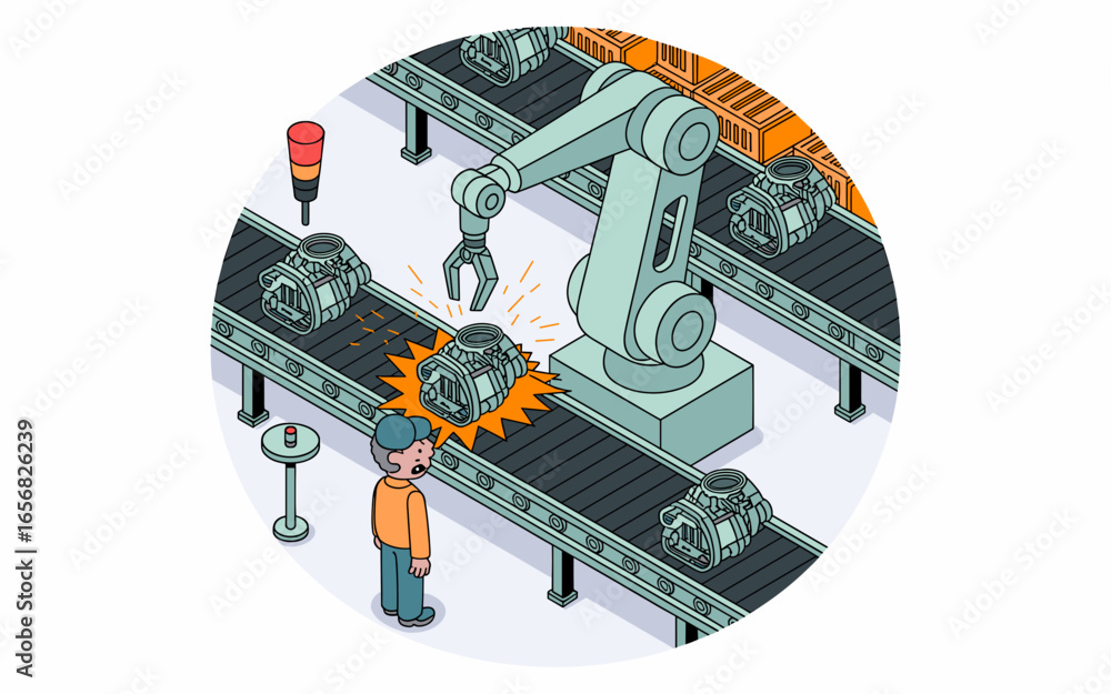 Poster factory automation malfunction: robot arm error on assembly line causing spark, worker observes, con