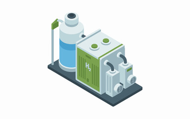 Isometric Illustration of a Hydrogen Fuel Cell Station Demonstrating Clean Energy Production and Sustainable Power Generation for a Greener Future, on White Background.