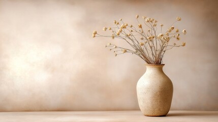 still life of a vase and a dried flower on a table