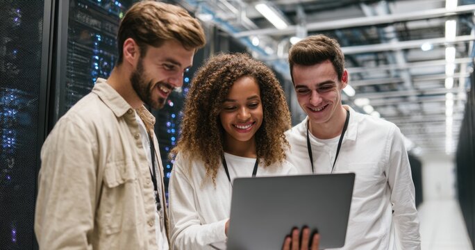 Team of young IT professionals working together in data center, diverse group analyzing information on laptop, technology and teamwork, modern server room