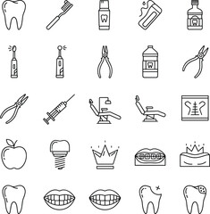 Dental care icons set, dentist tools vector, teeth, toothbrush, mouthwash, dental chair, implant, braces, crown, tooth extraction