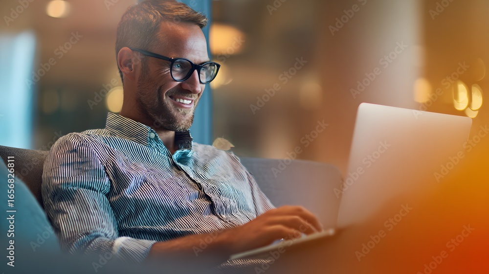 Poster smiling man works on his computer. a cheerful worker sits on a couch using his laptop in a modern se