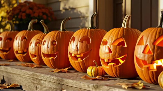 Row of carved Halloween pumpkins with glowing faces lined up on wooden porch creating festive October decoration. Orange jack-o'-lanterns displaying spooky expressions for autumn holiday celebrations