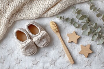 Flat lay of neutral baby accessories with eucalyptus on white dotted background