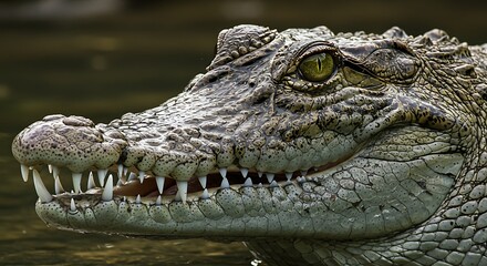 Obraz premium Close-up of a crocodile's head, showing its sharp teeth and scaly skin.