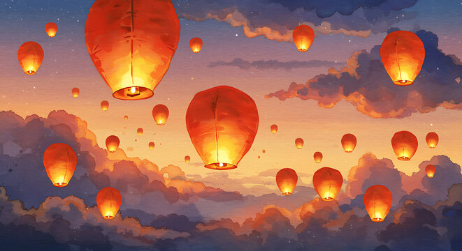 Dreamy orange sky lanterns floating gently into the twilight sky for a magical celebration