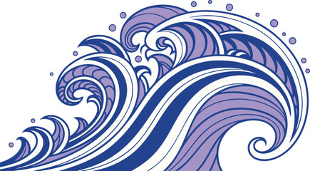 Fototapeta premium Abstract ocean wave vector illustration, decorative water wave drawing, Japanese style sea wave design, blue and purple wavy line art, marine fluid motion background