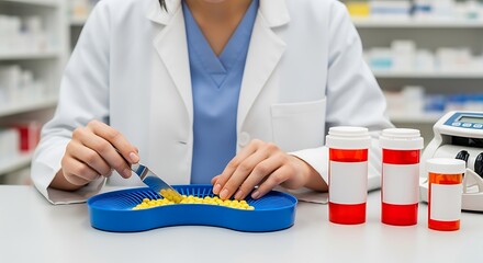 Professional pharmacist meticulously counting yellow pills on a blue tray to dispense a prescription medication at the pharmacy counter.