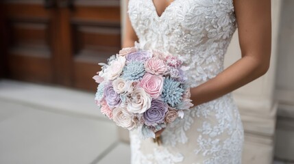 Pastel-colored wooden flower bouquet held by a bride.