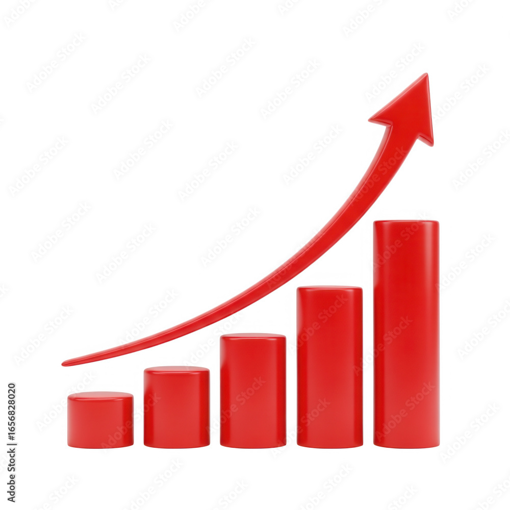 Poster red bar chart with upward arrow isolated on transparent background