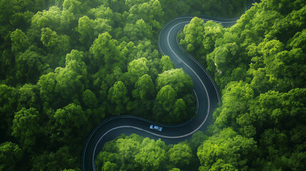 Blue car driving on serpentine road through green landscape