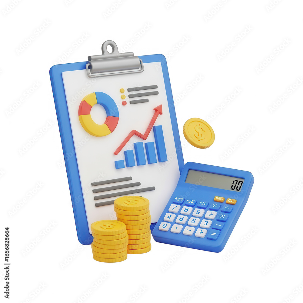 Poster financial report analysis with calculator and coins isolated on transparent background