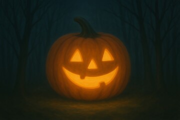 Fototapeta premium Glowing Jack O Lantern in Dark Forest Halloween Night Illustration