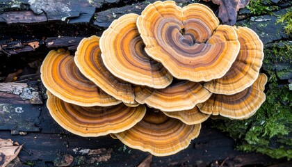 Cluster of colorful fungi on a log