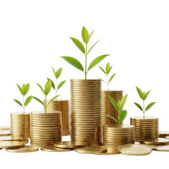 Stacks of gold coins with growing plants isolated on transparent background