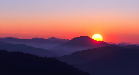 Fototapeta premium golden sunset mountains, sunset in nature art, mountains at dusk art, romantic mountain sunset, sunset alpine painting, sunset and forest mountains, evening sky mountain range, mountain sunset digital