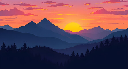 sunset mountain canvas, golden sunset mountains, sunset in nature art, mountains at dusk art, romantic mountain sunset, sunset alpine painting, sunset and forest mountains, evening sky mountain range,