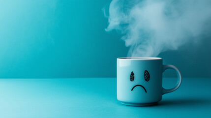 Blue coffee cup with sad face releasing black smoke. Blue monday and therapy for depression. 3d rendering 