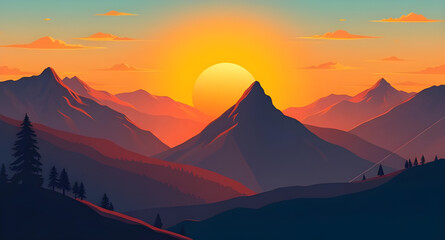 sunset ridge painting, pink sky mountain art, mountain sunset illustration, sunset mountain canvas, golden sunset mountains, sunset in nature art, mountains at dusk art, romantic mountain sunset, suns