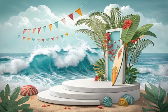 Tropical beach stage with surfboard and ocean waves