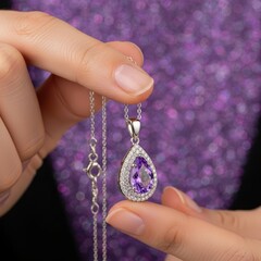 Woman s hand holding elegant pear shaped amethyst pendant necklace