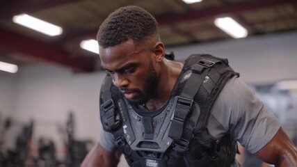 Medium shot of a focused athlete utilizing an exoskeleton resistance suit during basketball conditioning emphasizing suit mechanics with the strength room environment fading out of - Powered by Adobe