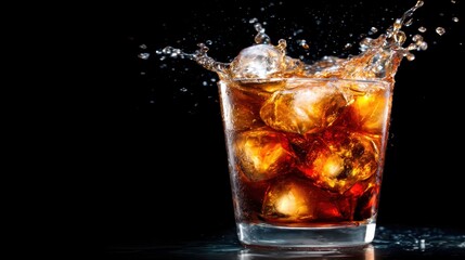 This close-up image captures the exuberant splash of cola, perfectly chilled with ice cubes, conveying a sense of refreshment and vitality that quenches thirst.