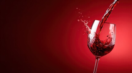 A stunning splash of red wine captivates in a clear glass against a bold red background, symbolizing luxury and indulgence in a dynamic visual presentation.