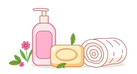 beauty products cartoon, cartoon cosmetics, cartoon lotion bottle, cream tube cartoon, shampoo bottle cartoon, conditioner cartoon, soap bar cartoon, shower gel cartoon, body wash cartoon, hand cream 