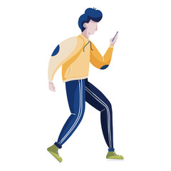 Walking men checking cellphone flat