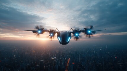 An advanced futuristic aircraft glides above a sprawling city, illuminated by sunset colors. This image symbolizes modernity and the future of aviation technology in urban life.