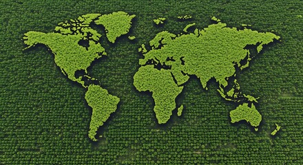 World map outlined in green vegetation, highlighting global forestry.